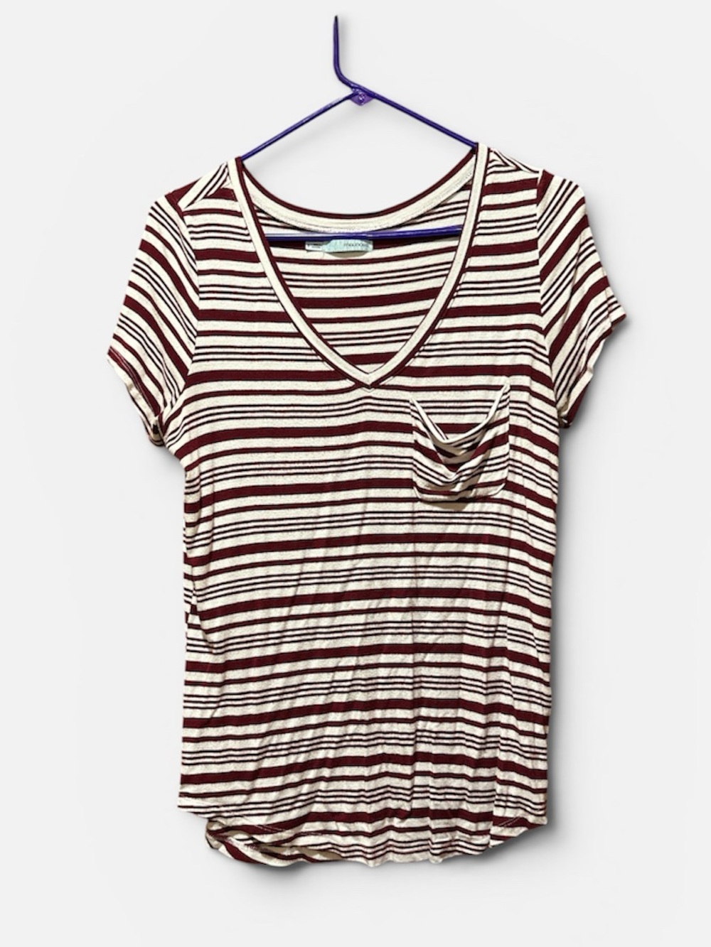 Maurices Cream and Burgundy Striped V-Neck Pocket Tee